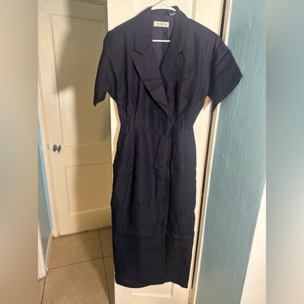 Vintage Collection Point Of View Dark Navy Blue Collared‎ Linen Dress Size 2